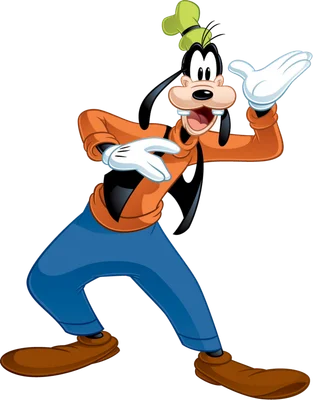 Hình ảnh nhân vật hoạt hình Goofy của Disney với trang phục cam xanh, đang tạo dáng vui nhộn và chào hỏi.