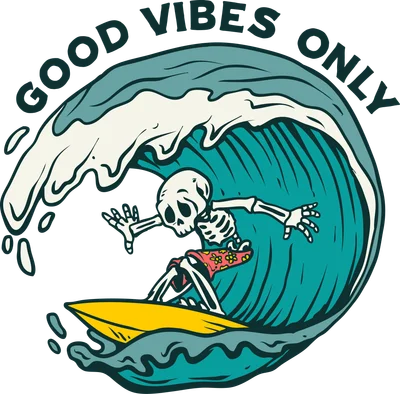 Hình vẽ bộ xương hoạt hình đang lướt sóng với dòng chữ Good Vibes Only phong cách retro