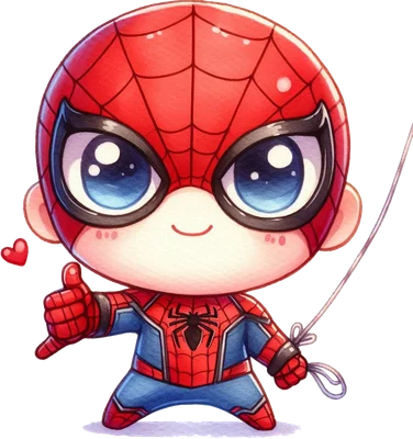 Hình ảnh Người Nhện chibi dễ thương giơ ngón cái, mắt to tròn, trang phục đỏ xanh đặc trưng của siêu anh hùng.