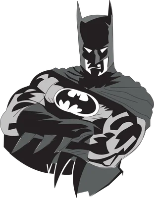 Hình vẽ Batman với cánh tay bắt chéo, biểu tượng dơi trên ngực, phong cách đồ họa đen trắng.