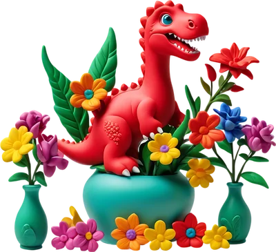 Hình ảnh 3D khủng long đỏ đáng yêu, phong cách đất sét, ngồi giữa những bông hoa và lá cây nhiều màu sắc trên nền xám.