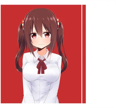 Hình ảnh cô gái anime tóc nâu buộc hai bím, mặc áo sơ mi trắng, đeo nơ đỏ, biểu cảm hơi buồn.