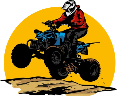 Hình vẽ một người lái xe ATV màu xanh đang thực hiện cú nhảy trên địa hình cát, phía sau là mặt trời vàng.