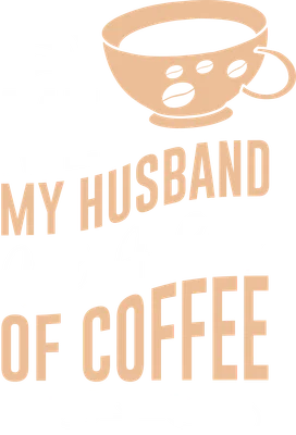 Hình ảnh chữ 'ME MY HUSBAND And A Cup OF COFFEE' với biểu tượng tách cà phê và hạt cà phê.
