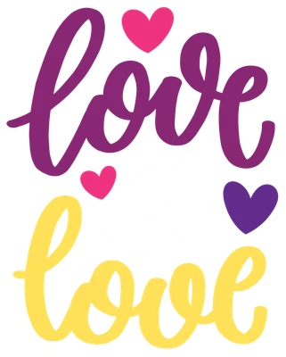 Hình ảnh chữ 'Love is Love' viết tay màu tím, trắng, vàng với các trái tim hồng và tím trên nền xám.