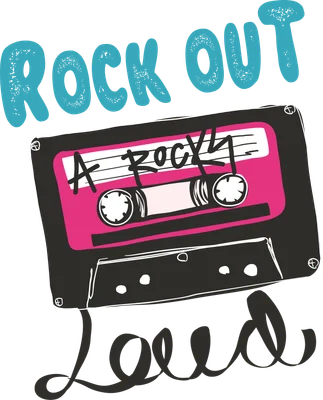 Hình vẽ băng cassette màu đen với nhãn hồng, chữ 'ROCK OUT' màu xanh và 'Loud' màu đen trên nền xám.