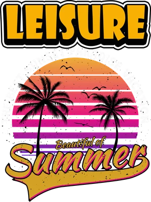 Thiết kế "Leisure Beautiful of Summer" với hình ảnh hoàng hôn, cây dừa và dòng chữ retro.