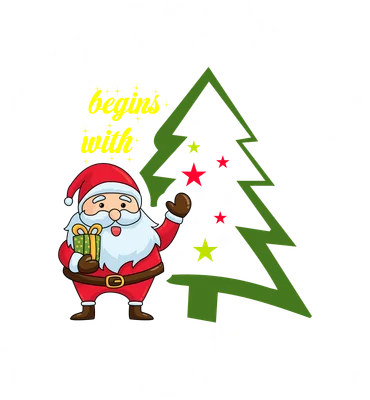 Hình ảnh ông già Noel hoạt hình cầm quà đứng cạnh cây thông Noel xanh, có chữ 'CHRISTMAS begins with CHRIST' màu trắng và vàng.
