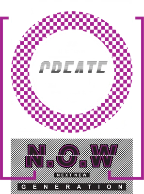Hình in typography phong cách urban với chữ 'CREATE URBAN DISTRICT' và 'N.O.W NEXT NEW GENERATION' trên nền xám, tím.