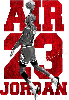 Hình ảnh Michael Jordan đang thực hiện cú úp rổ với bóng trên tay, số 23 và chữ "Air Jordan" nổi bật.
