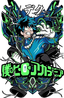 Hình ảnh nhân vật anime Deku với biểu cảm mạnh mẽ, bao quanh bởi các chi tiết cơ khí màu xanh và xanh lá cây.