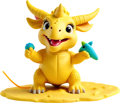 Hình ảnh rồng vàng hoạt hình 3D dễ thương, đang đứng trên nền vàng, hai tay cầm đồ chơi màu xanh, miệng cười tươi.