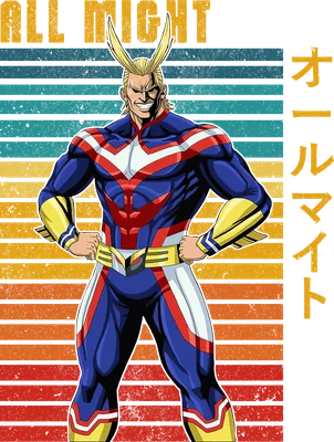 Hình All Might, nhân vật anime My Hero Academia, trong bộ trang phục anh hùng màu xanh, đỏ, trắng, vàng, với nền sọc ngang retro.