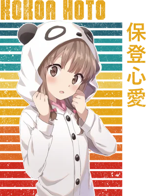 Hình ảnh cô gái anime tóc nâu đeo tai gấu trúc, mặc áo hoodie trắng, phông nền sọc ngang màu cam, vàng, xanh dương.