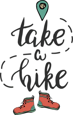 Hình vẽ tay chữ "Take a hike" với biểu tượng định vị và đôi ủng màu cam, nền xám.