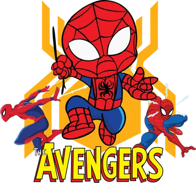 Ba phiên bản Spiderman, một chibi ở giữa và hai người nhện khác, cùng logo The Avengers.