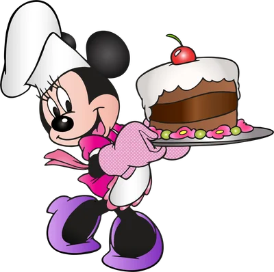 Hình ảnh Minnie Mouse trong trang phục đầu bếp màu hồng, đội mũ trắng, đang mỉm cười và mang một chiếc bánh kem sô cô la có cherry.
