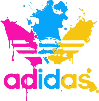 Logo Adidas với hiệu ứng sơn vẩy màu hồng, xanh dương và vàng trên nền xám.