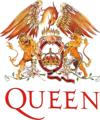 Biểu tượng Queen với hình ảnh sư tử, phượng hoàng, vương miện và chữ Queen.