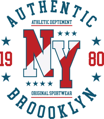 Thiết kế đồ họa chữ NY lớn màu đỏ trắng, viền xanh, với các chữ AUTHENTIC, BROOKLYN, 1980 và ngôi sao trên nền xám.