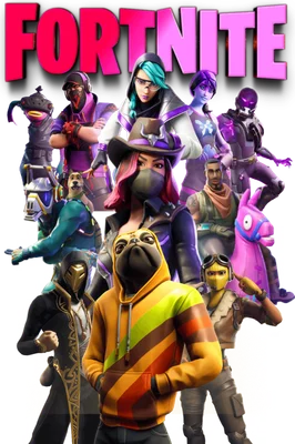 Nhóm nhân vật game Fortnite với logo lớn phía trên, bao gồm pug đội mũ, llama hồng và các nhân vật khác.