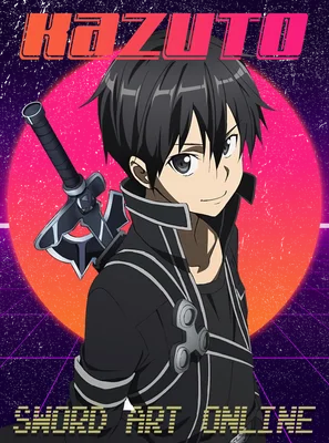 Hình ảnh Kirito từ Sword Art Online với phong cách retro synthwave, có chữ "KAZUTO" và "SWORD ART ONLINE"