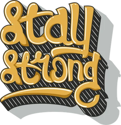 Hình in chữ 'Stay Strong' màu vàng cam với viền trắng, hiệu ứng đổ bóng 3D và nền sọc đen trắng, phong cách typography.