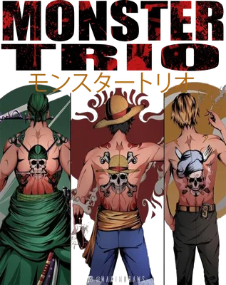 Ba nhân vật Zoro, Luffy và Sanji từ One Piece đứng quay lưng, khoe hình xăm đầu lâu trên lưng.