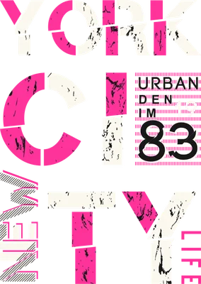 Chữ New York City 1983 Urban Denim với font chữ phá cách, màu hồng neon, trắng và xám