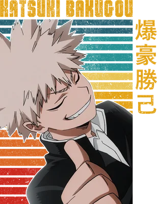 Hình ảnh Katsuki Bakugo với nụ cười tự tin, nền sọc ngang retro màu vàng, xanh dương, cam.