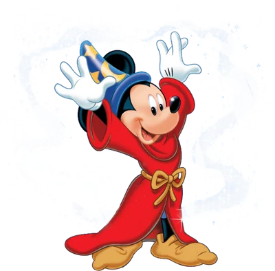 Mickey Mouse trong trang phục phù thủy đỏ và mũ xanh, đang vẫy tay tạo ra những tia sáng lấp lánh trên nền xám.