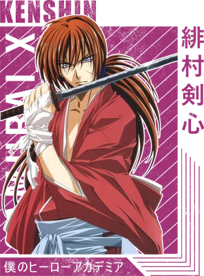 Hình ảnh Kenshin Himura, nhân vật anime với mái tóc đỏ, mặc áo đỏ, cầm kiếm.