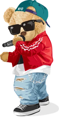 Hình ảnh gấu teddy hoạt hình phong cách hip-hop, đội mũ lưỡi trai xanh, kính râm đen, áo khoác đỏ, quần jeans rách, cầm mic.