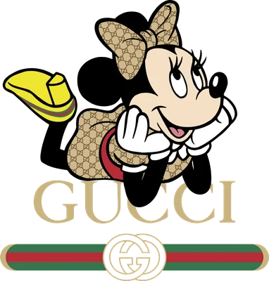Hình ảnh Minnie Mouse nằm nghiêng, mặc trang phục họa tiết Gucci, với logo Gucci phía dưới.