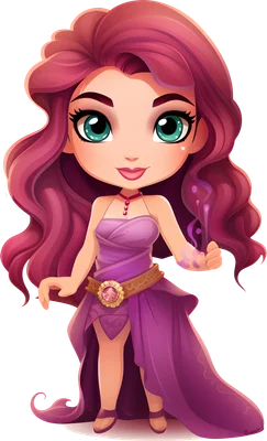 Hình ảnh cô gái hoạt hình chibi tóc hồng dài, mắt xanh ngọc bích, mặc váy tím và có hiệu ứng phép thuật màu tím ở tay.