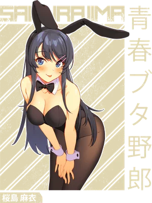 Hình ảnh cô gái anime mặc trang phục tai thỏ màu đen, tóc dài, mắt xanh, tư thế gợi cảm.