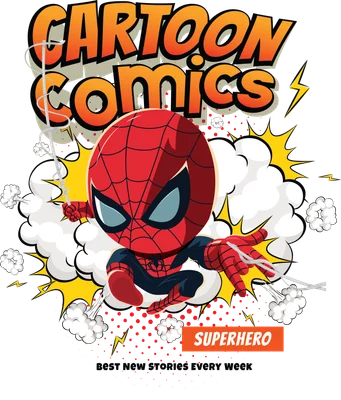 Hình vẽ chibi Spiderman đang bay, mặc trang phục đỏ xanh đặc trưng, có mạng nhện và các hiệu ứng khói, tia sét.
