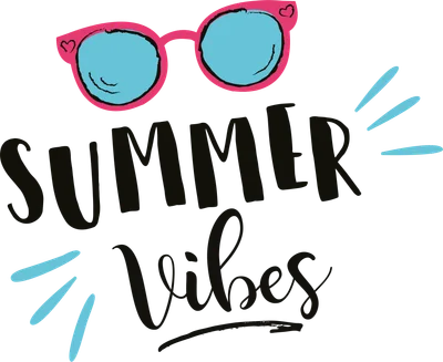 Hình ảnh kính râm màu hồng với tròng kính màu xanh dương và dòng chữ "Summer Vibes" viết tay màu đen.