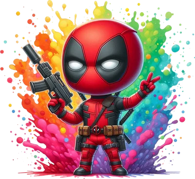 Hình ảnh chibi Deadpool mặc trang phục đỏ đen, một tay cầm súng, một tay tạo dáng chữ V, với hiệu ứng màu nước bắn tung tóe phía sau.