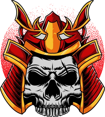 Hình ảnh đầu lâu đội mũ giáp Samurai màu đỏ và vàng, có vết sẹo trên trán.