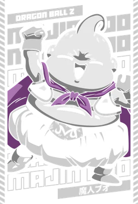 Hình ảnh Majin Buu vui vẻ từ Dragon Ball Z với trang phục tím và biểu tượng 'M' trên bụng.