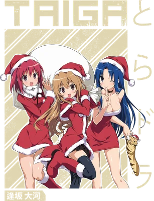 Ba nhân vật nữ anime mặc trang phục ông già Noel, một người đang vác túi quà lớn, một người đang nháy mắt và giữ im lặng, một người khác đang cầm một chiếc túi hình hổ.