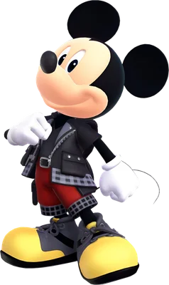 Hình ảnh Mickey Mouse trong trang phục Kingdom Hearts, áo khoác đen, quần đỏ, giày vàng nổi bật, đứng trên nền xám đơn sắc.