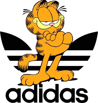 Hình ảnh mèo Garfield màu cam với biểu cảm tự tin, đứng trước logo Adidas ba sọc màu đen trên nền xám.