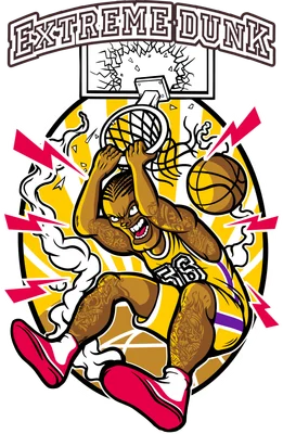 Hình vẽ hoạt hình một vận động viên bóng rổ đang thực hiện cú úp rổ "Extreme Dunk", với hiệu ứng tia sét và khói.