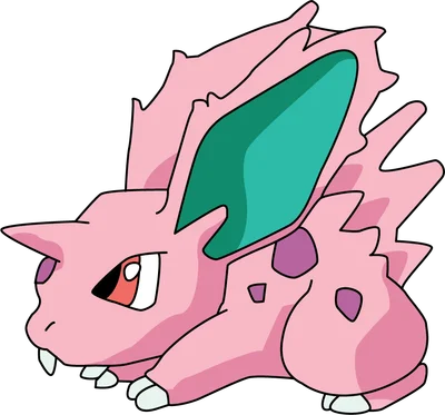 Hình ảnh Nidoran nữ Pokémon màu hồng với tai xanh ngọc và đốm tím, phong cách hoạt hình đơn giản trên nền xám.