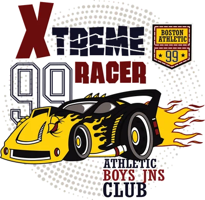 Hình ảnh minh họa xe đua màu vàng đen với họa tiết lửa, chữ "Xtreme Racer" và logo "Boston Athletic 99"