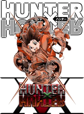 Hình ảnh nhân vật Gon Freecss từ anime Hunter x Hunter với biểu cảm ngạc nhiên, bao quanh bởi các họa tiết xoáy màu cam và một con cá vàng.