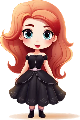 Hình minh họa cô gái chibi tóc đỏ, mắt xanh to tròn, mặc váy đen xòe và đi bốt, đang mỉm cười.