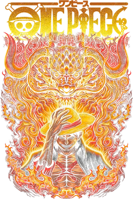 Hình ảnh Monkey D. Luffy trong trạng thái Gear 5, bao quanh bởi lửa và rồng, với logo One Piece phía trên.
